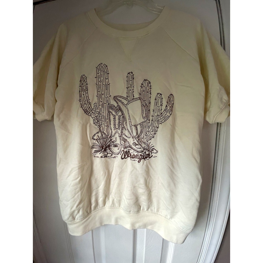 Wrangler Retro S Cream Western Fleece Sweatshirt Short Sleeve Crew Cactus Logo